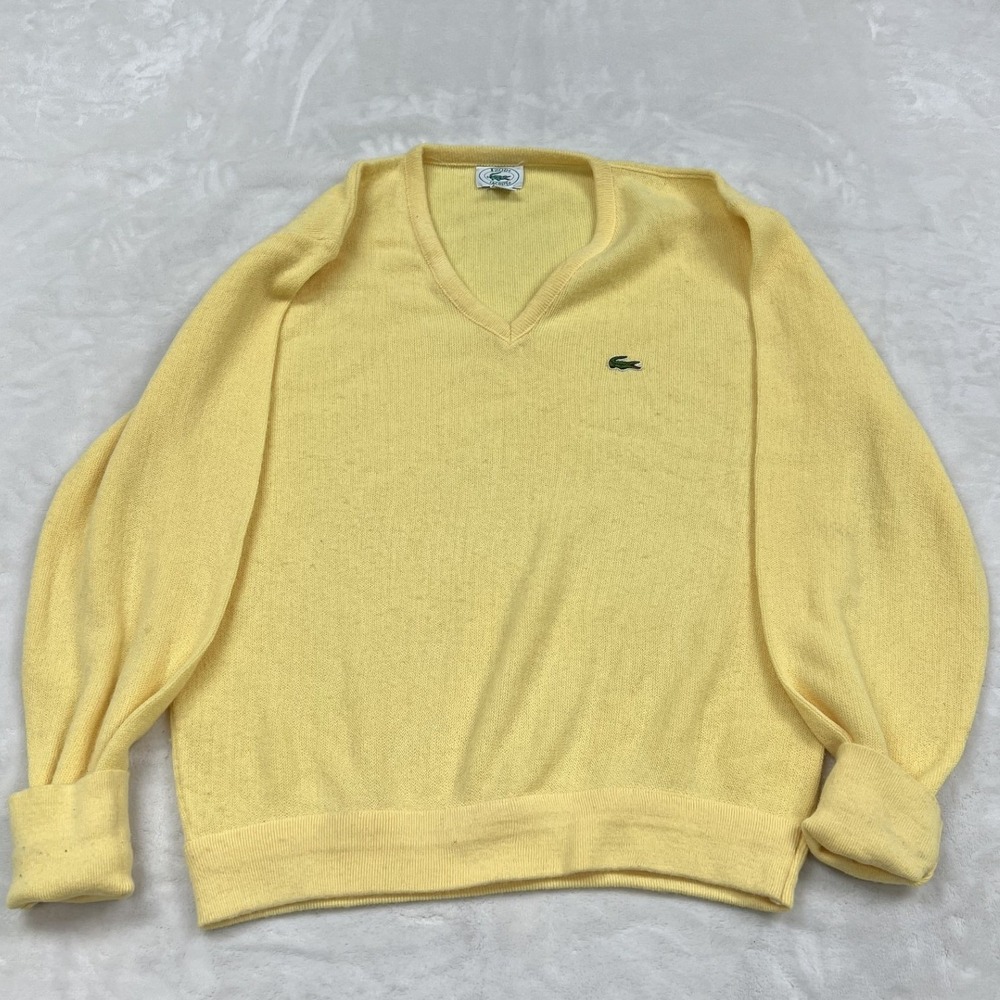 Izod Lacoste V-Neck Sweater Mens L Yellow Vintage Orlon Acrylic Knit Made in USA